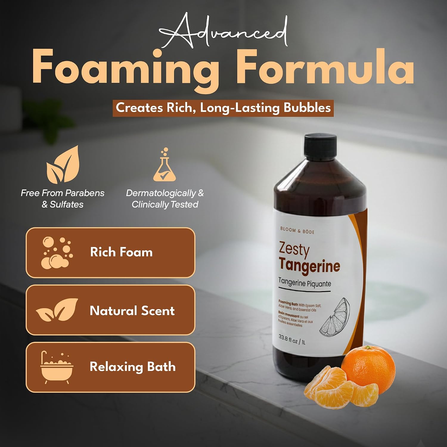 BAÑO ESPUMOSO DE LUJO, BAÑO DE BURBUJAS PERFUMADO NATURAL CON ACEITES ESENCIALES Y SAL DE EPSOM, AROMA A MANDARINA PICANTE, - 2