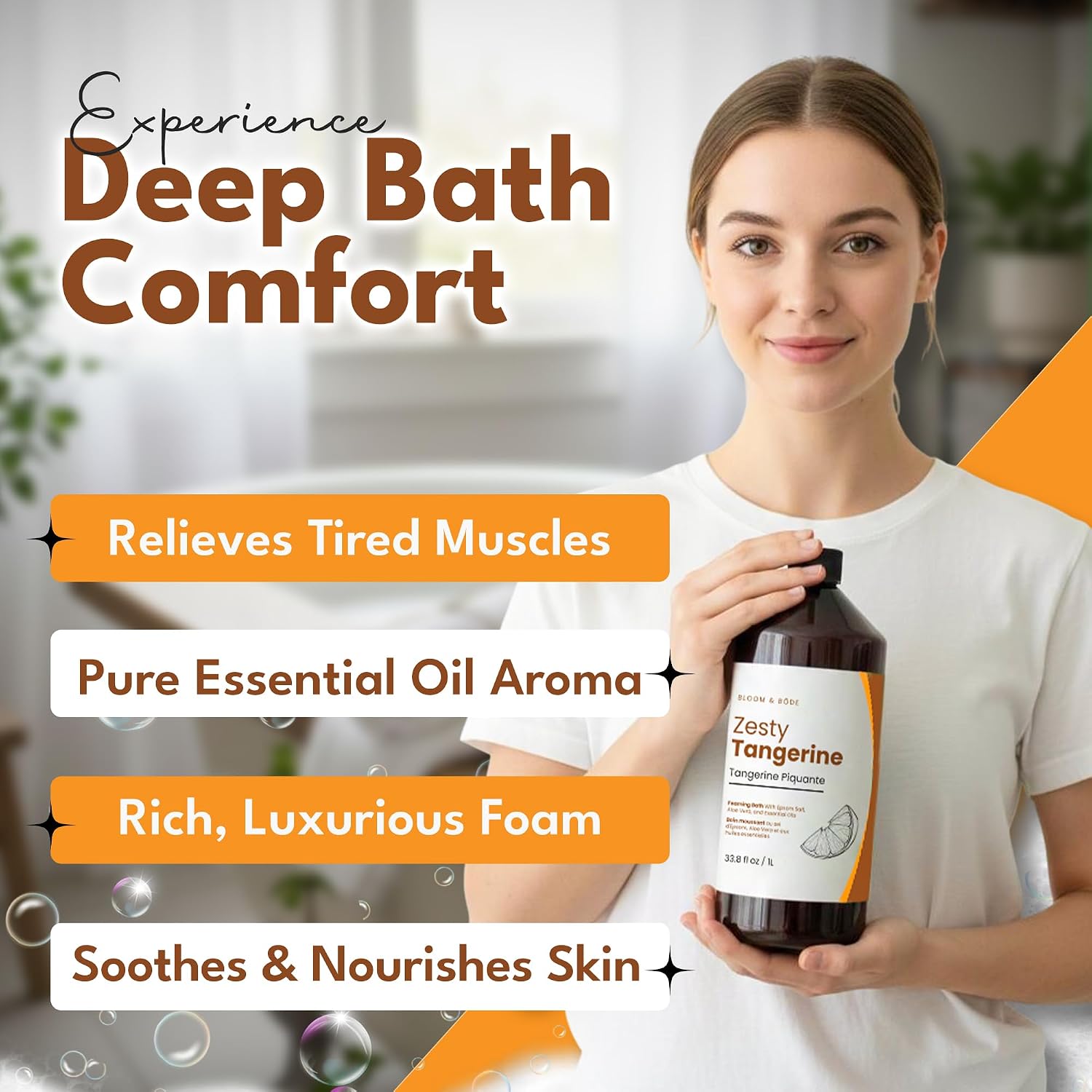 BAÑO ESPUMOSO DE LUJO, BAÑO DE BURBUJAS PERFUMADO NATURAL CON ACEITES ESENCIALES Y SAL DE EPSOM, AROMA A MANDARINA PICANTE, - 3