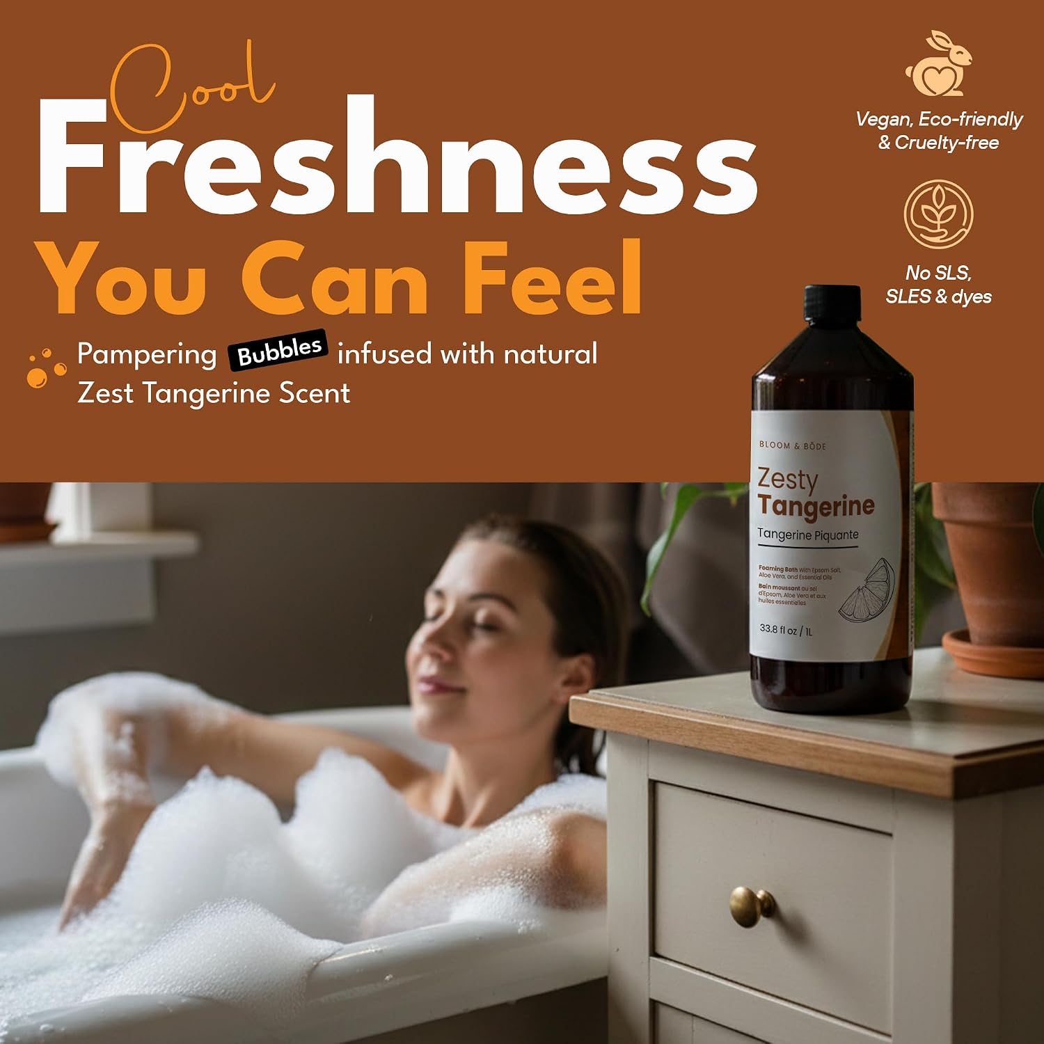 BAÑO ESPUMOSO DE LUJO, BAÑO DE BURBUJAS PERFUMADO NATURAL CON ACEITES ESENCIALES Y SAL DE EPSOM, AROMA A MANDARINA PICANTE, - 6