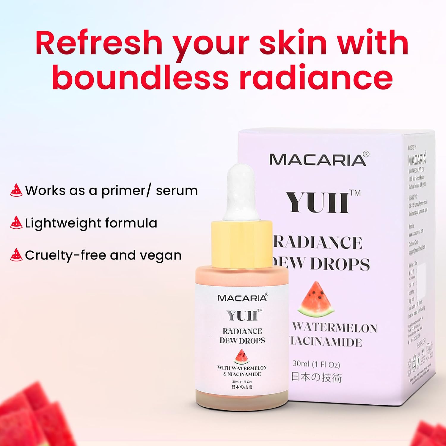 YUII DEW DROPS WATERMELON BRILLO GLOW NIACINAMIDE DEW DROPS - SUERO FACIAL - PRIMER DE MAQUILLAJE DE VIAJE E ILUMINADOR - 6