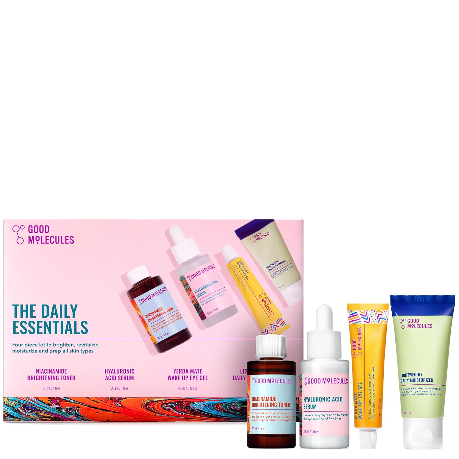 GOOD MOLECULES THE DAILY ESSENTIALS KIT DE MAQUILLAJE SET, KIT DE MAQUILLAJE DE CUIDADO DE LA PIEL DE 4 PASOS, 4 MINIS - 1