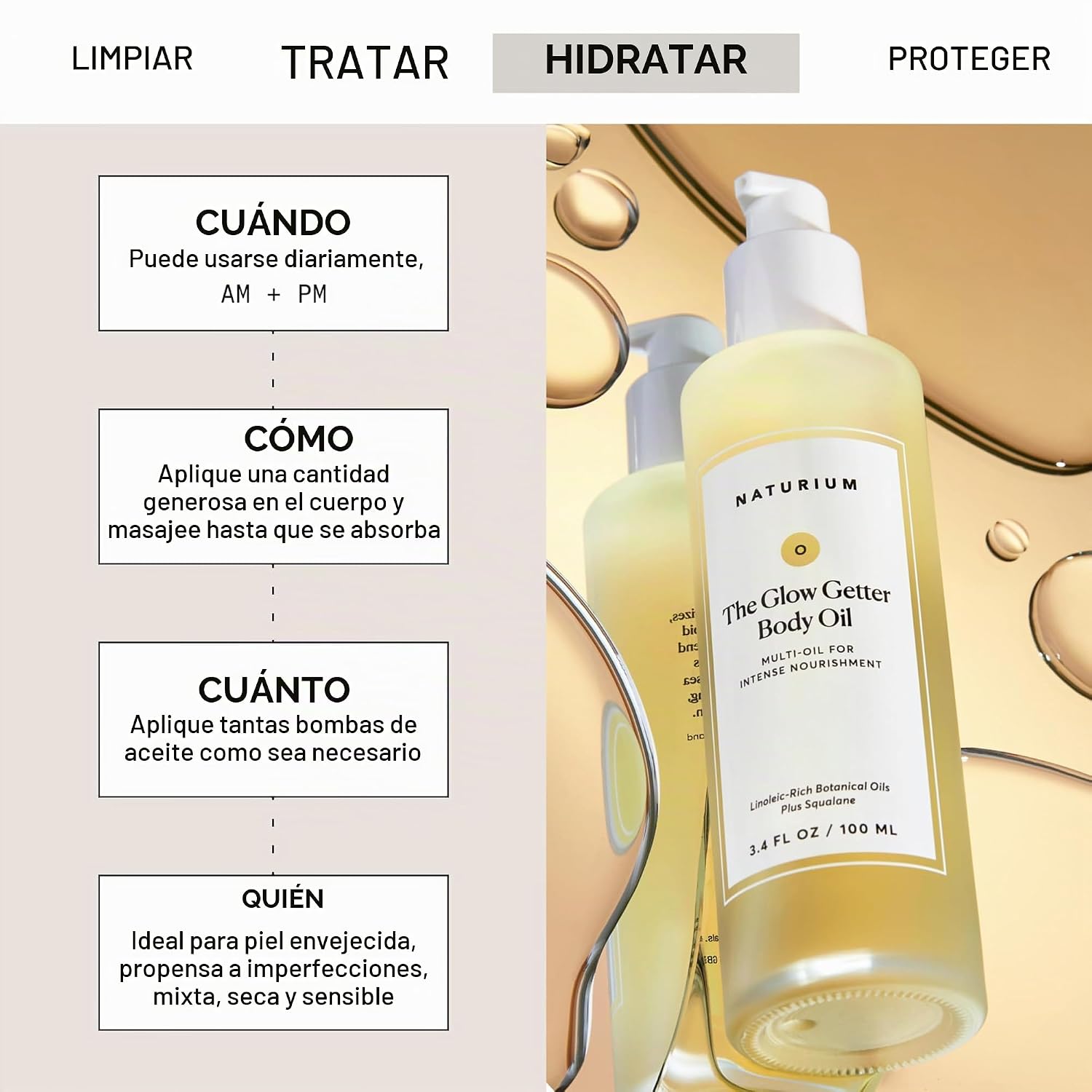 NATURIUM THE BRILLO GLOW GETTER ACEITE CORPORAL, MULTI-ACEITE PARA NUTRICIÓN INTENSA, FÓRMULA HIDRATANTE Y HUMECTANTE, - 2