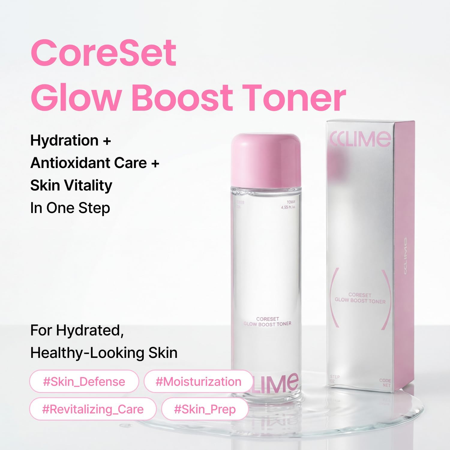 CORESET BRILLO GLOW BOOST TĂNICO FACIAL, TĂNER FACIAL HIDRATANTE Y REAFIRMANTE DE DOBLE CAPA CON PĂPTIDOS, ROSA PDRN - 2
