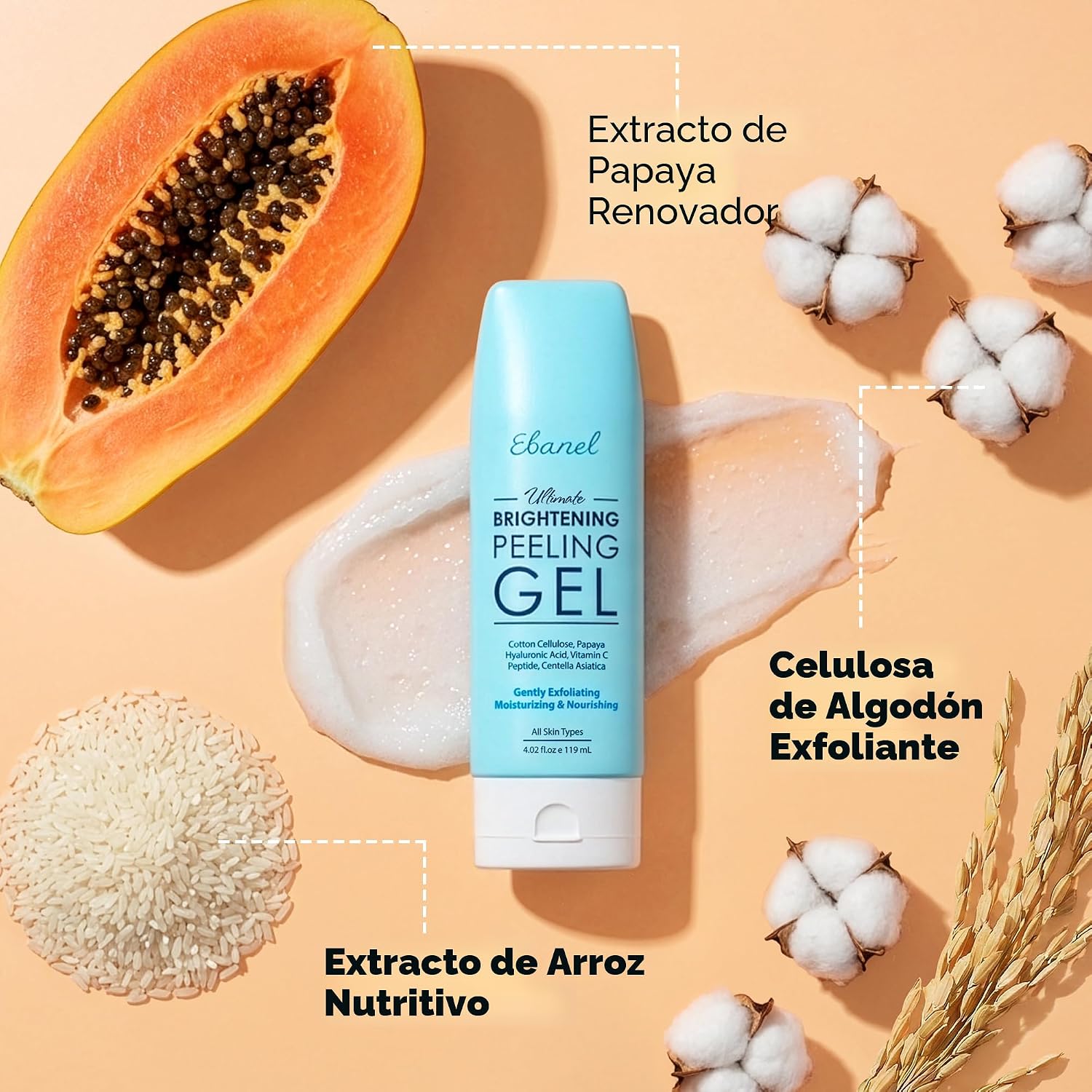 EBANEL EXFOLIANTE FACIAL EXFOLIANTE GEL PEELING CON ALOE, MIEL, PÉPTIDOS, 4.12 OZ 4.1 FL OZ - 4