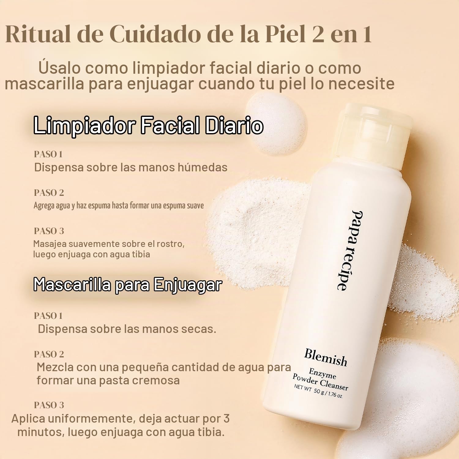 PAPA RECIPE BLEMISH ENZYME POLVO TRASLÚCIDO LIMPIADOR FACIAL 1.7 OZ/50G LAVADO FACIAL COREANO DE POLVO A ESPUMA, POLVO - 7