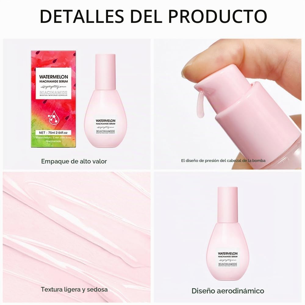 SÉRUM HIDRATANTE DE NIACINAMIDA DE SANDÍA PARA EL CUIDADO DE LA PIEL DE LA CARA, HIDRATA E ILUMINA CON ÁCIDO HIALURÓNICO, - 3
