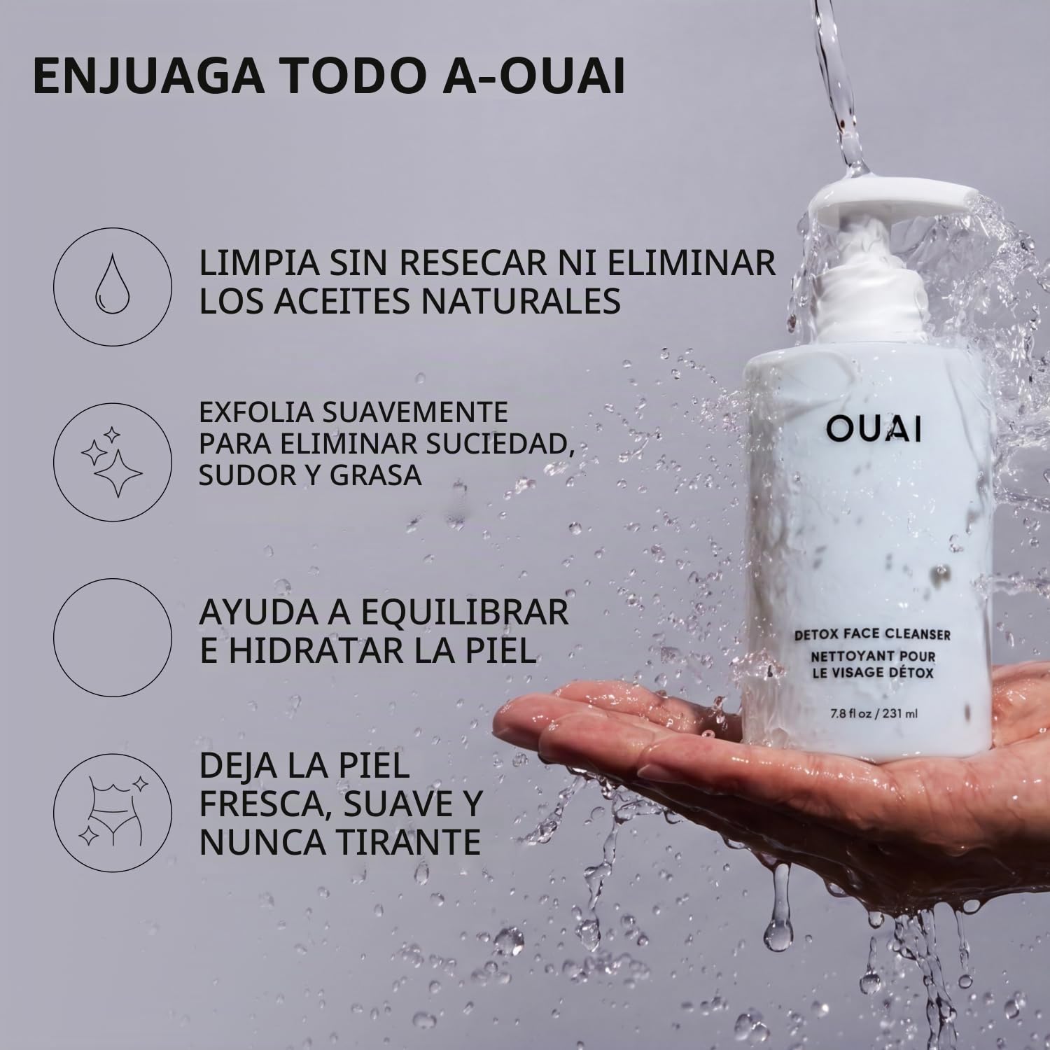 OUAI LIMPIADOR FACIAL DETOX - LIMPIADOR FACIAL DE LIMPIEZA PROFUNDA CON ÁCIDO GLICÓLICO, NIACINAMIDA Y PHA - ELIMINA - 3