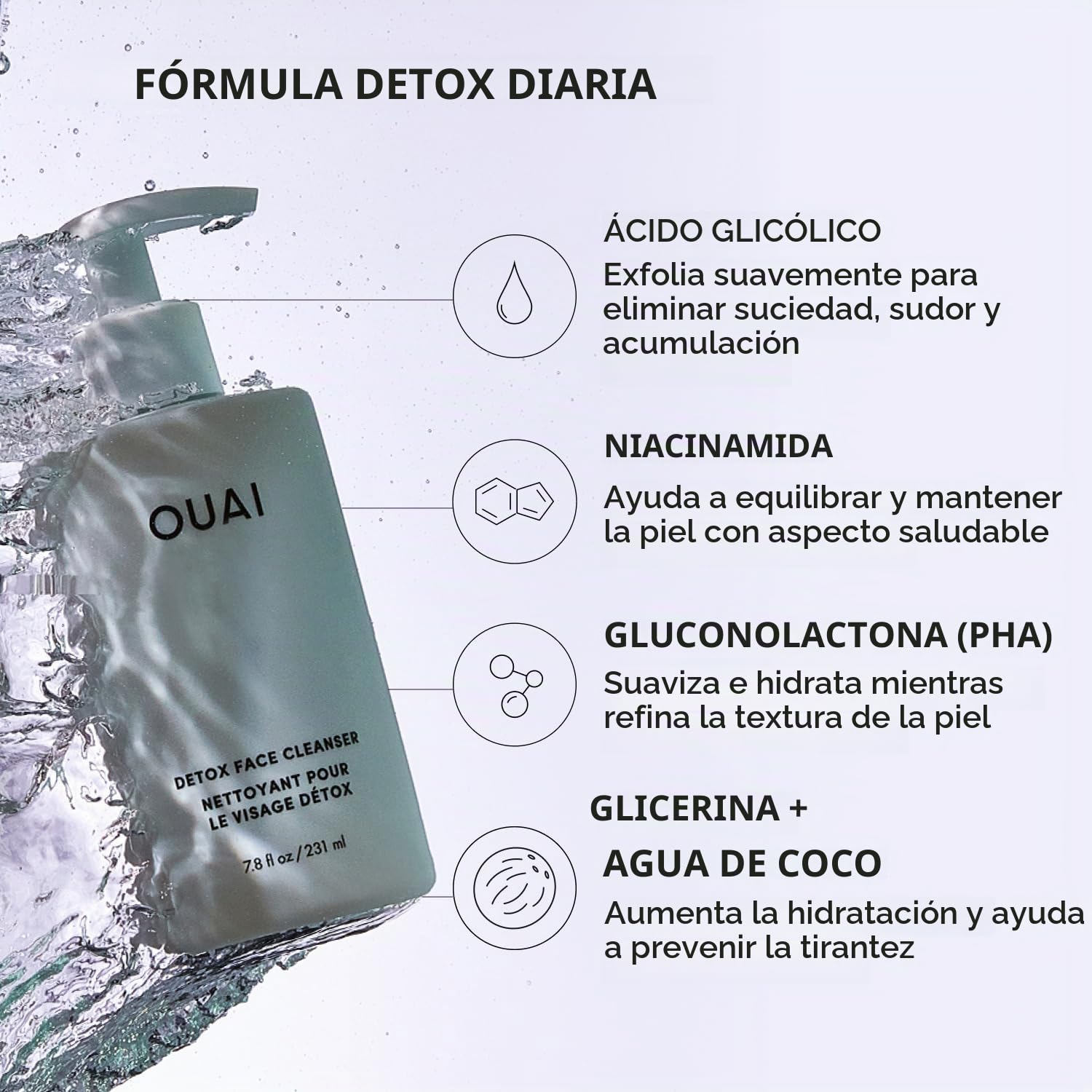 OUAI LIMPIADOR FACIAL DETOX - LIMPIADOR FACIAL DE LIMPIEZA PROFUNDA CON ÁCIDO GLICÓLICO, NIACINAMIDA Y PHA - ELIMINA - 5