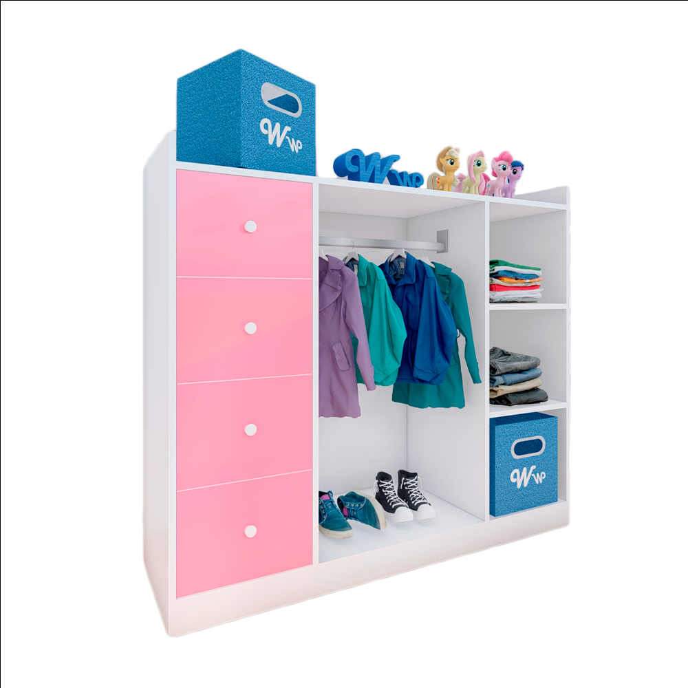 CLÓSET WONDER WOOD MUEBLERÍA ORGANIZADOR MONTESSORI 3 COMPARTIMIENTOS Y 4 CAJONES MELAMINA /ROSA NIÑOS Y NIÑAS BLANCO - 1