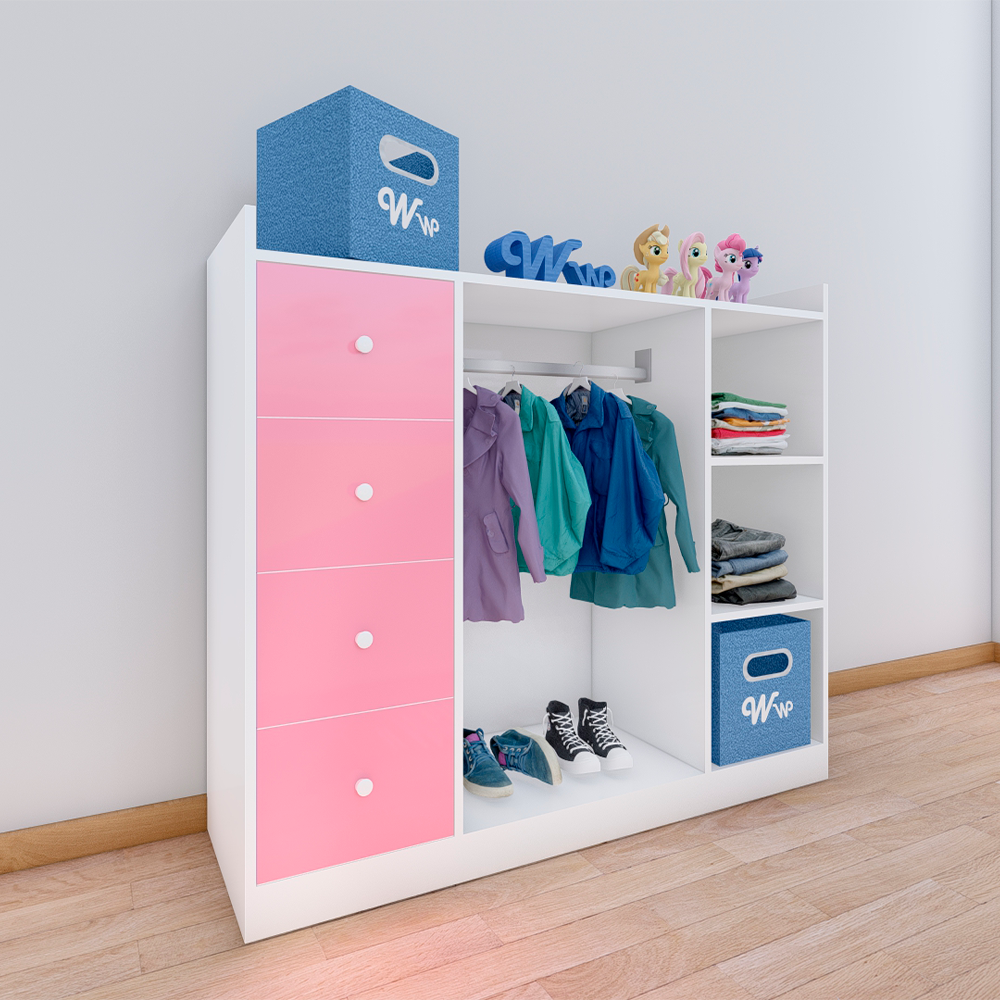 CLÓSET WONDER WOOD MUEBLERÍA ORGANIZADOR MONTESSORI 3 COMPARTIMIENTOS Y 4 CAJONES MELAMINA /ROSA NIÑOS Y NIÑAS BLANCO - 2