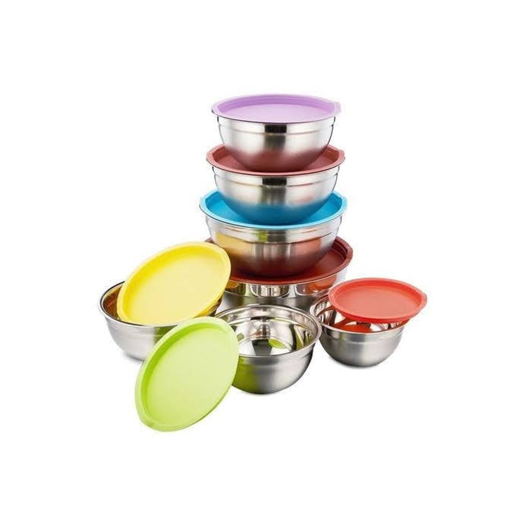 SET DE BOWL 7 PIEZAS DE ACERO INOXIDABLE CON TAPA DE COLORES - 1