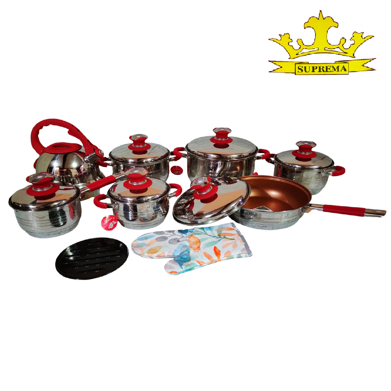 SET OLLAS SUPREMA SU-TC020-14PC-R ROJO 14 PIEZAS ACERO GARANTIZADO - 1