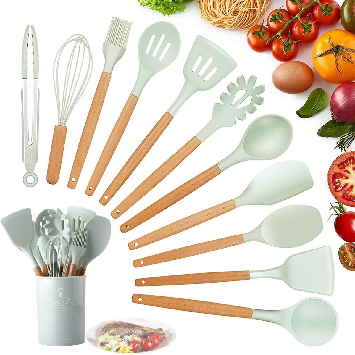 SET DE UTENSILIOS MULTIFUNCIONAL PARA COCINA DE SILICONA - VERDE CLARO - 2
