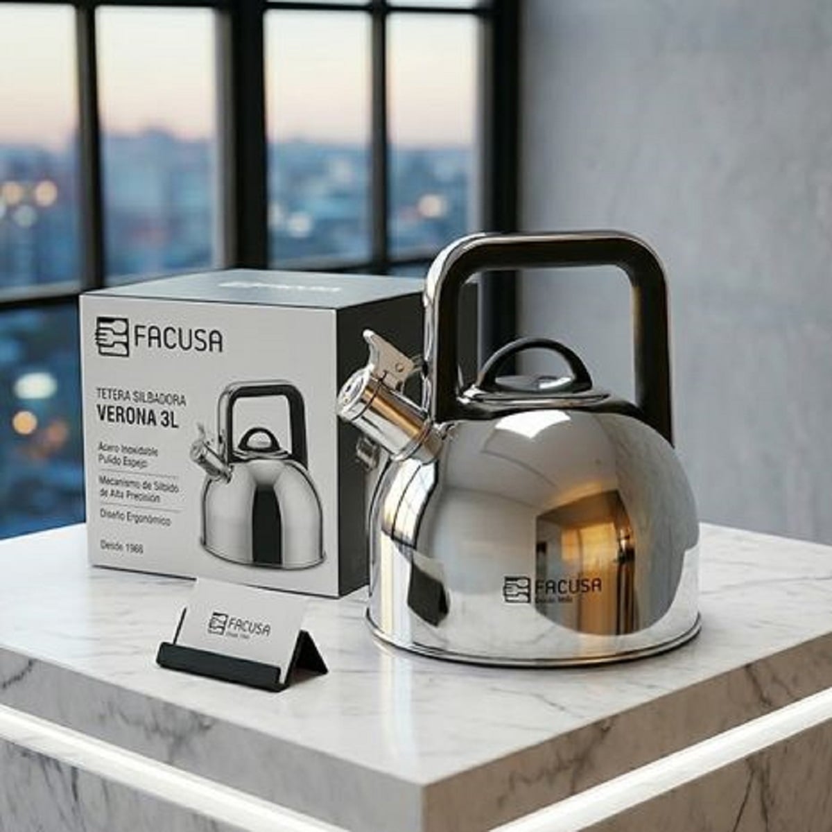 TETERA 3 LITROS FACUSA VERONA ACERO INOXIDABLE CON SILBADOR - 4