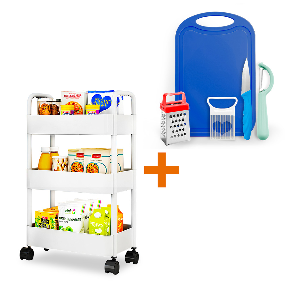 ORGANIZADOR CON RUEDAS 3 NIV COCINA BL JK3 Y SET DE 5 ACCESORIOS DE COCINA A60 - 1