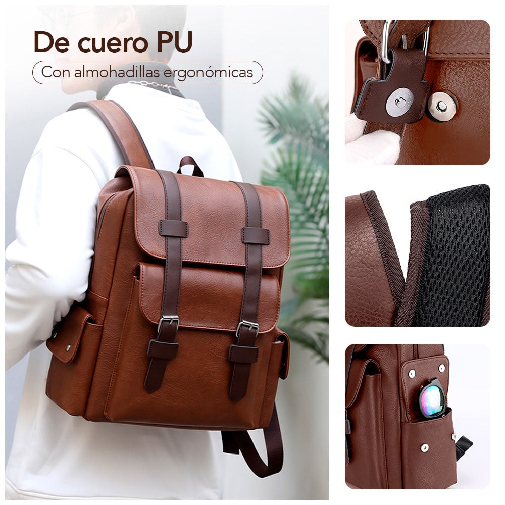 MOCHILA PARA HOMBRE DE CUERO PU CON PORTA LAPTOP MARRÓN U57 - 3