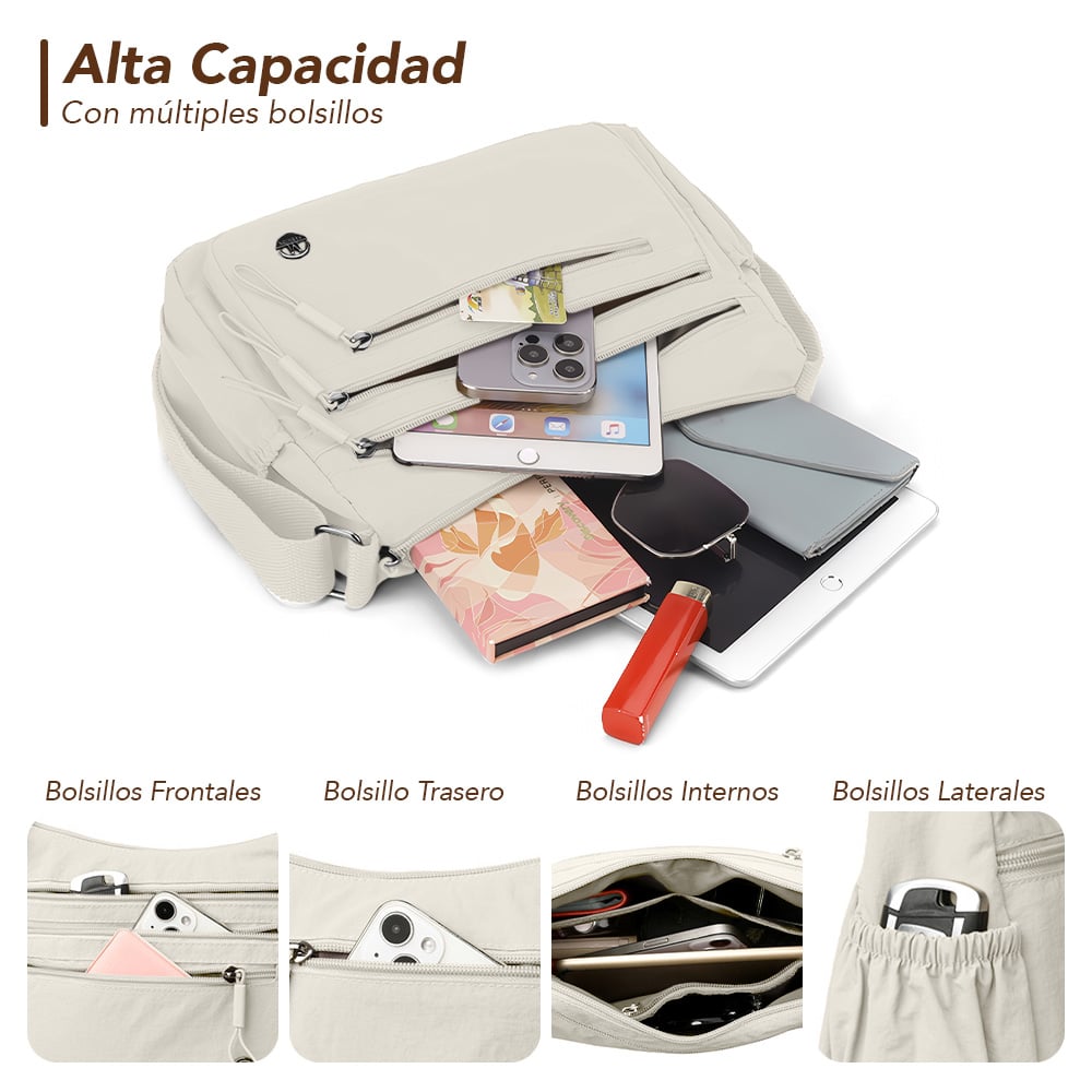 MORRAL PARA MUJER CON CORREA AJUSTABLE Y MÚLTIPLES BOLSILLOS BEIGE BP3 - 4