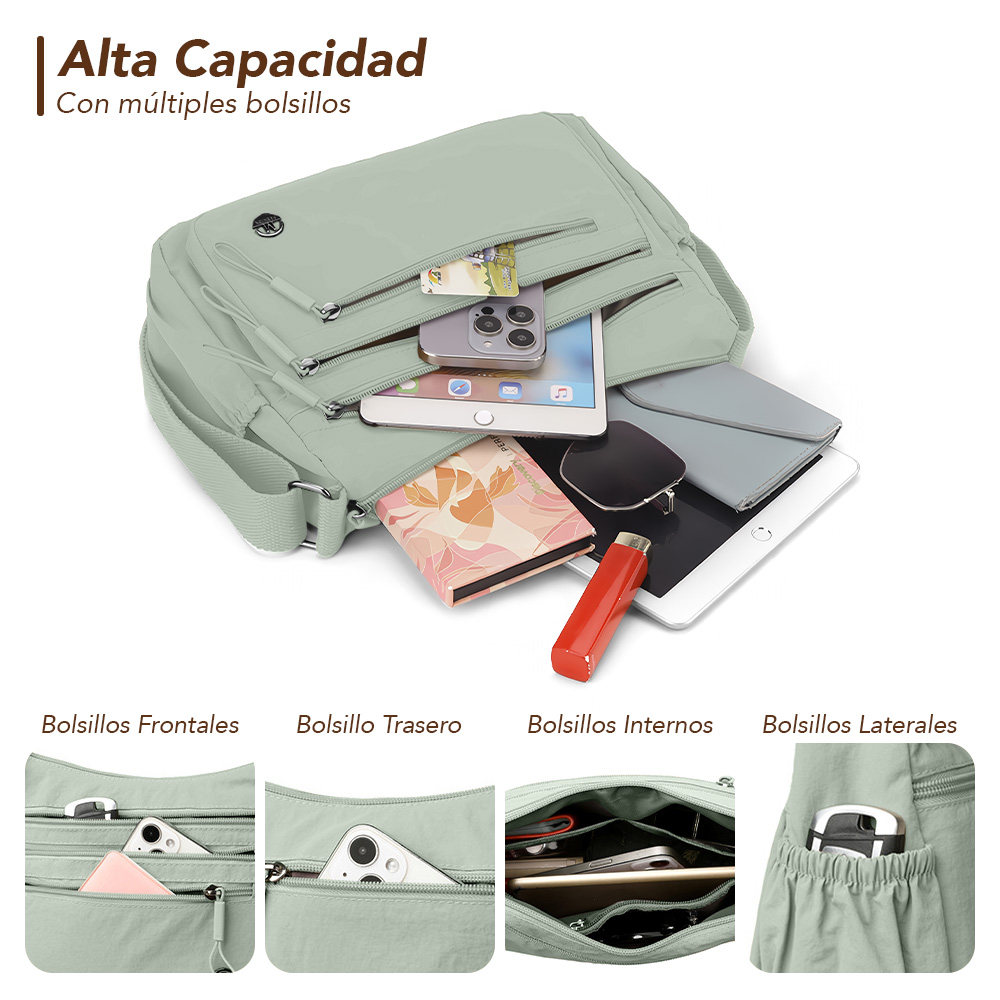 MORRAL PARA MUJER CON CORREA AJUSTABLE Y MÚLTIPLES BOLSILLOS VERDE BP3 - 4