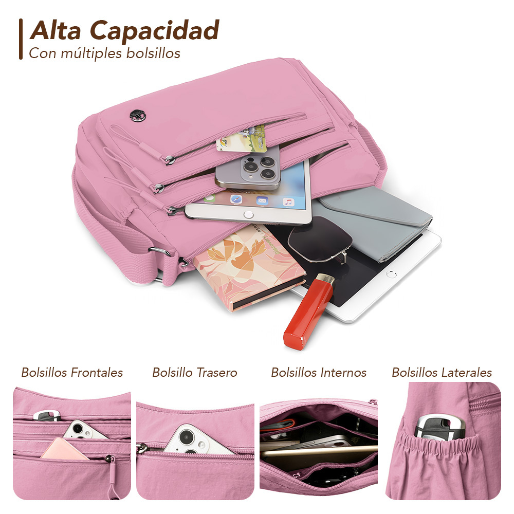 MORRAL PARA MUJER CON CORREA AJUSTABLE Y MÚLTIPLES BOLSILLOS ROSADO BP3 - 4