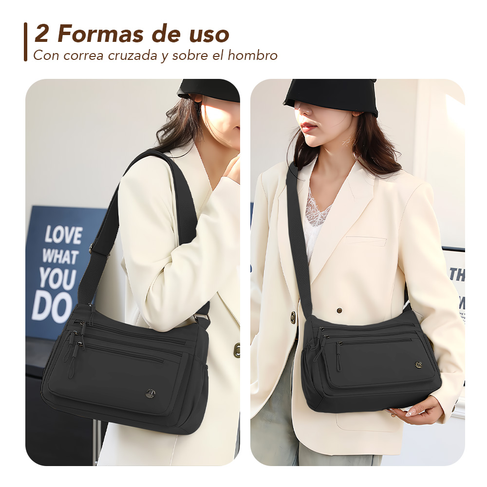 MORRAL PARA MUJER CON CORREA AJUSTABLE Y MÚLTIPLES BOLSILLOS NEGRO BP3 - 3