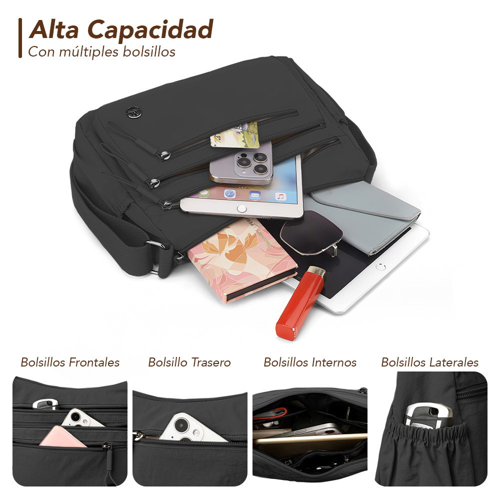 MORRAL PARA MUJER CON CORREA AJUSTABLE Y MÚLTIPLES BOLSILLOS NEGRO BP3 - 4