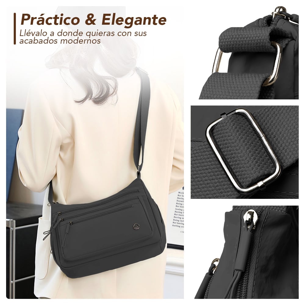 MORRAL PARA MUJER CON CORREA AJUSTABLE Y MÚLTIPLES BOLSILLOS NEGRO BP3 - 5