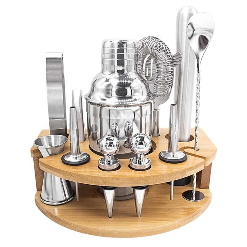 SET DE COCTELERÍA PROFESIONAL 12 PIEZAS DE ACERO CON BASE DE BAMBÚ SL1 - 1
