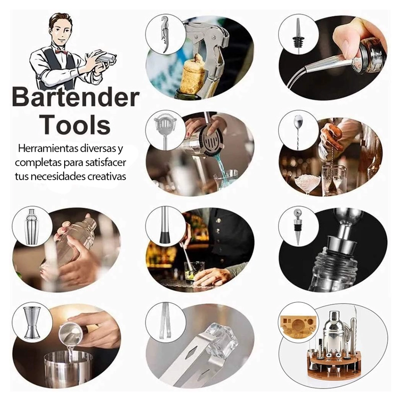 SET DE COCTELERÍA PROFESIONAL 12 PIEZAS DE ACERO CON BASE DE BAMBÚ SL1 - 5