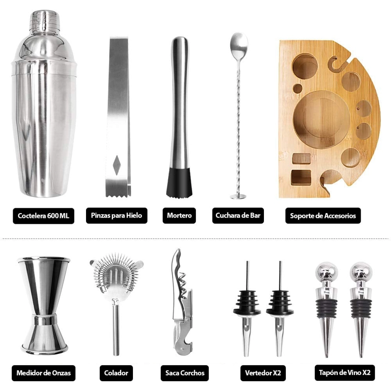SET DE COCTELERÍA PROFESIONAL 12 PIEZAS DE ACERO CON BASE DE BAMBÚ SL1 - 6