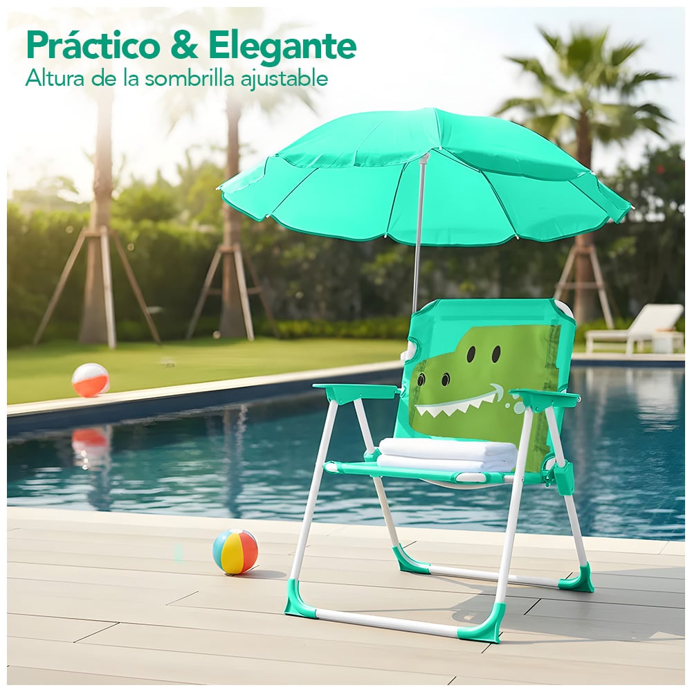 SILLA PARA NIÑOS PLEGABLE CON SOMBRILLA DISEÑO DINO VERDE XC6 - 2