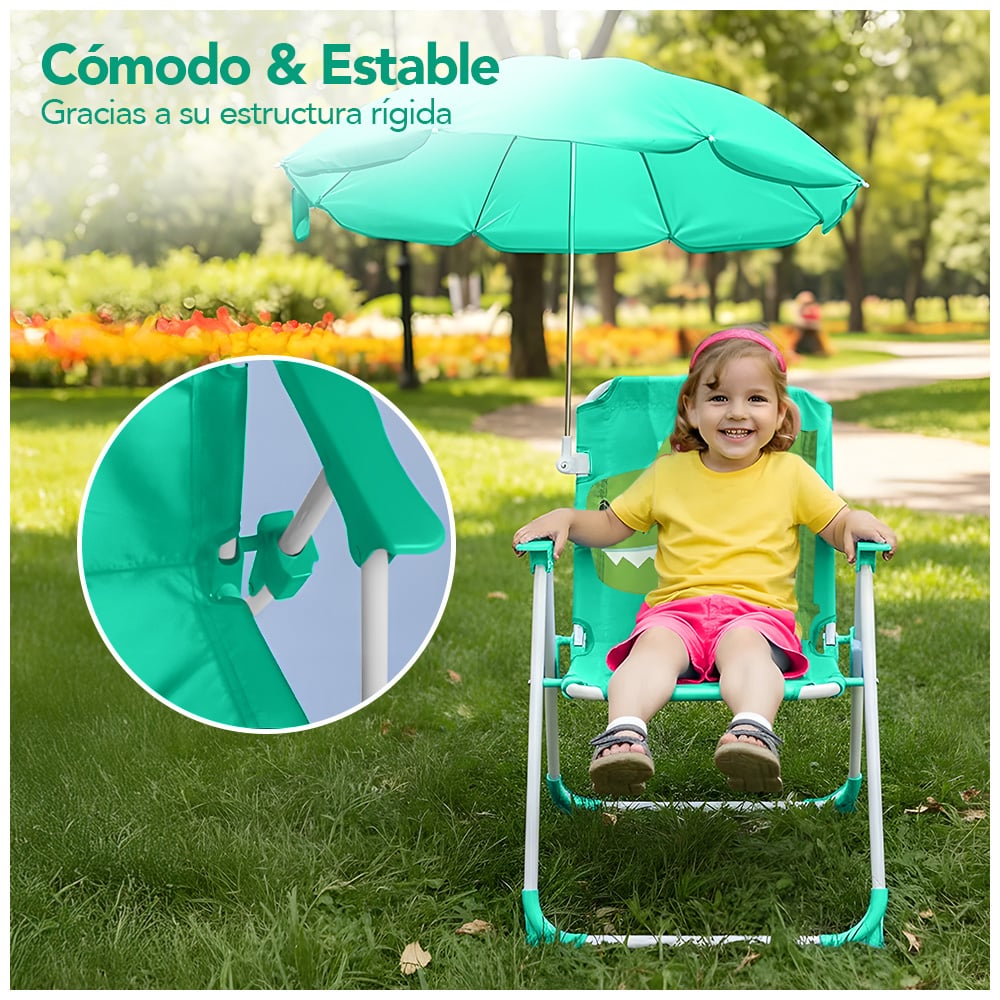 SILLA PARA NIÑOS PLEGABLE CON SOMBRILLA DISEÑO DINO VERDE XC6 - 3
