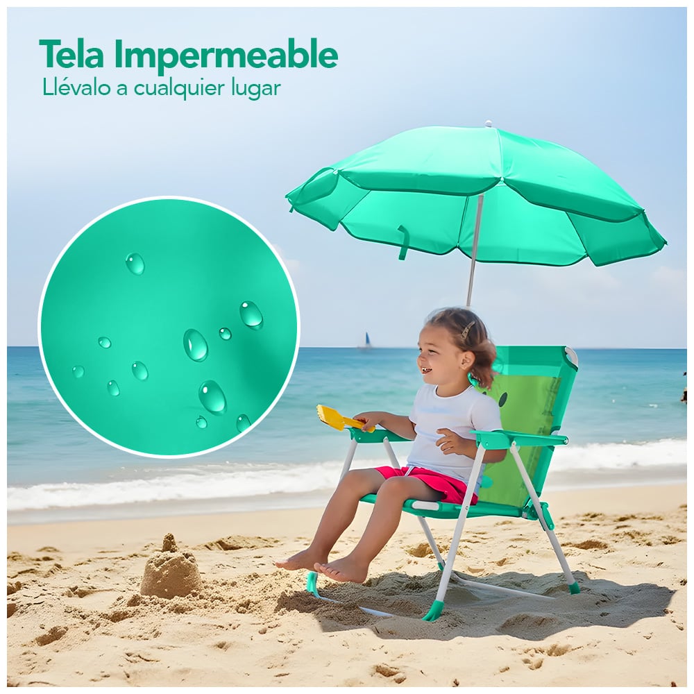 SILLA PARA NIÑOS PLEGABLE CON SOMBRILLA DISEÑO DINO VERDE XC6 - 4