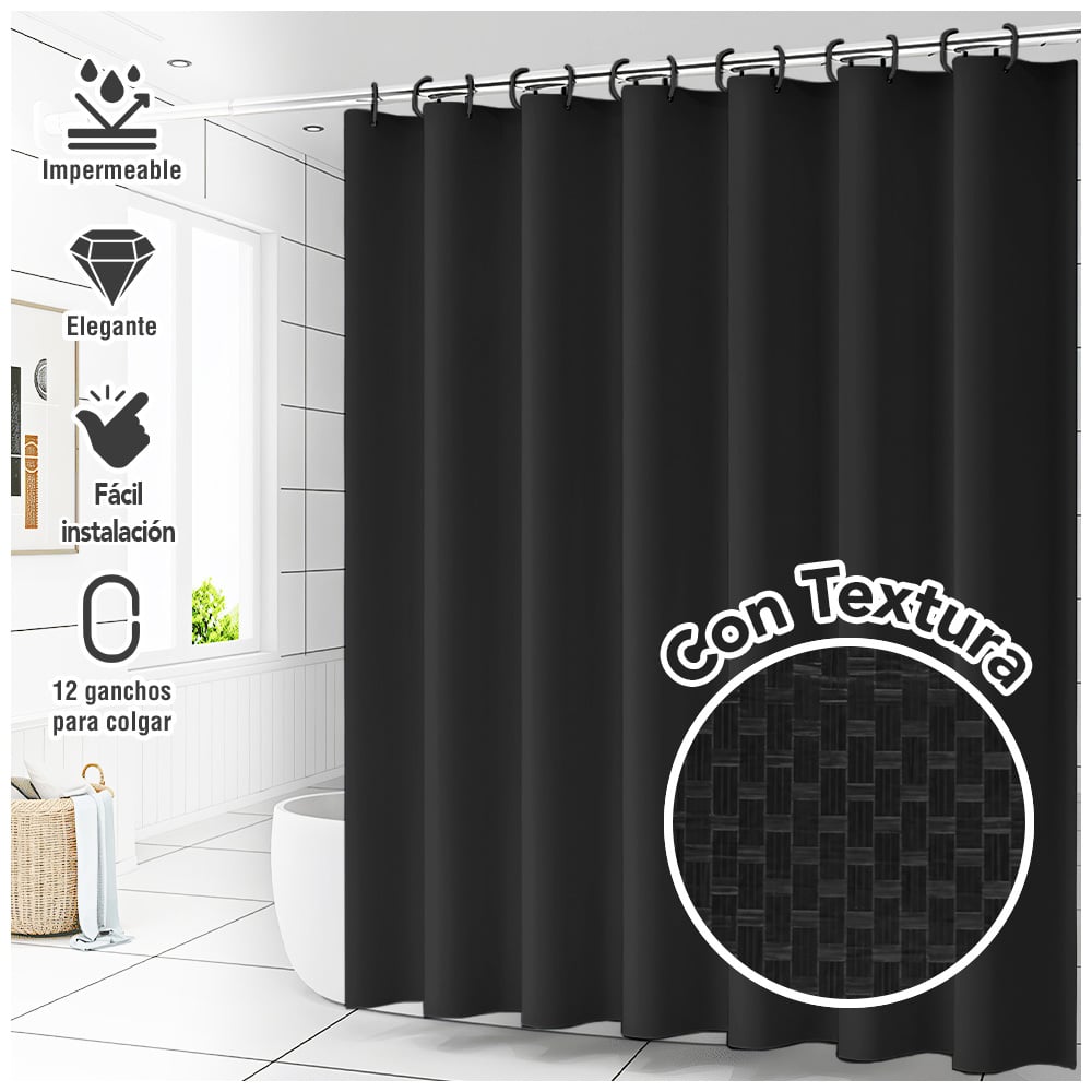 CORTINA DE BAÑO IMPERMEABLE PREMIUM NEGRO H66 - 1