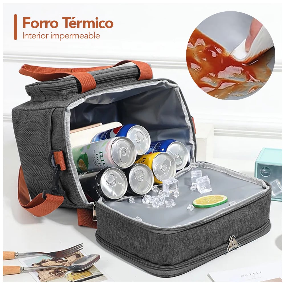 LONCHERA TÉRMICA DOBLE COMPARTIMENTO IMPERMEABLE CON CORREA AJUSTABLE PLOMO YG4 - 4