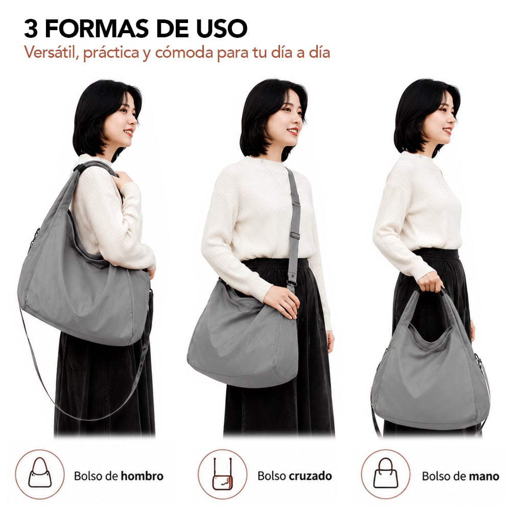 BOLSO PARA MUJER IMPERMEABLE CON GRAN CAPACIDAD Y CORREA AJUSTABLE PLOMO YW8 - 3