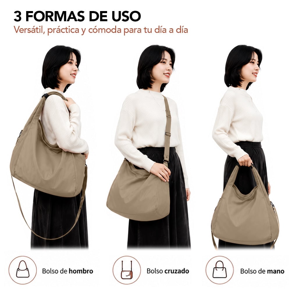 BOLSO PARA MUJER IMPERMEABLE CON GRAN CAPACIDAD Y CORREA AJUSTABLE BEIGE YW8 - 3