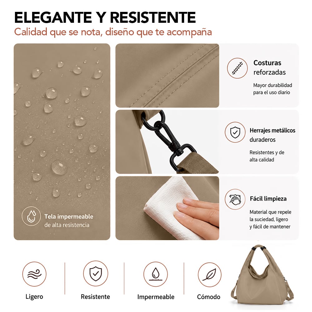BOLSO PARA MUJER IMPERMEABLE CON GRAN CAPACIDAD Y CORREA AJUSTABLE BEIGE YW8 - 4
