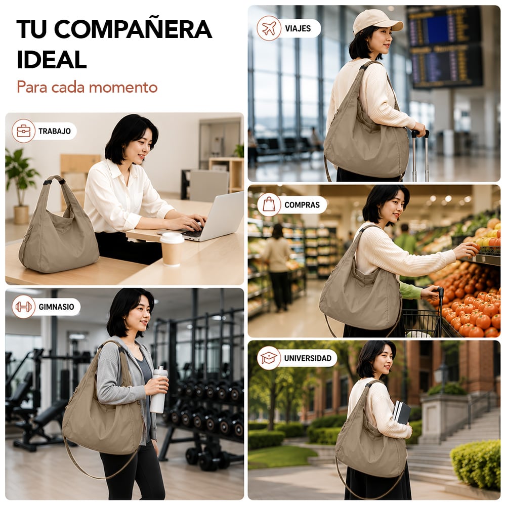 BOLSO PARA MUJER IMPERMEABLE CON GRAN CAPACIDAD Y CORREA AJUSTABLE BEIGE YW8 - 5
