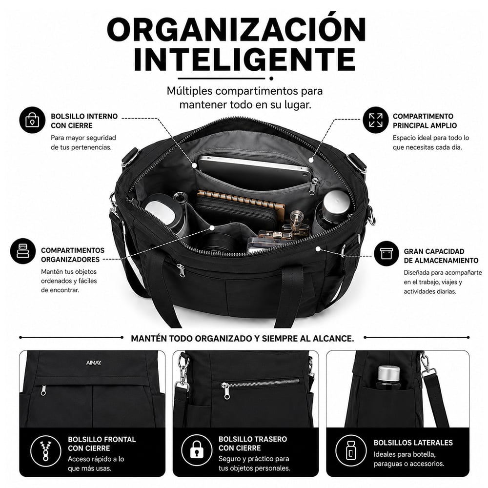 BOLSO PARA MUJER IMPERMEABLE CON GRAN CAPACIDAD Y CORREA AJUSTABLE NEGRO CT2 - 2