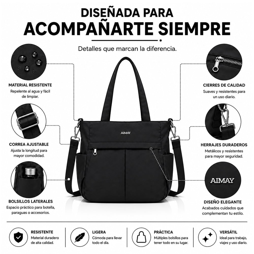 BOLSO PARA MUJER IMPERMEABLE CON GRAN CAPACIDAD Y CORREA AJUSTABLE NEGRO CT2 - 4