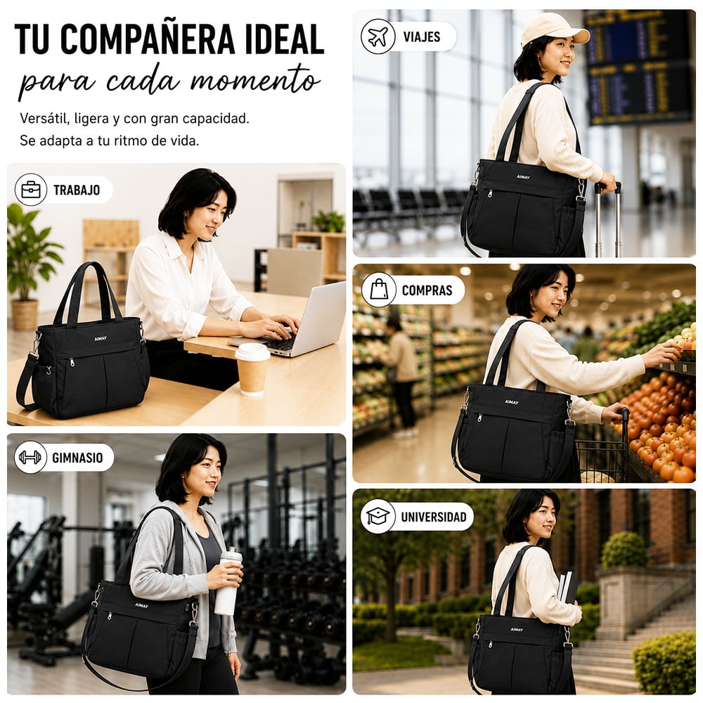 BOLSO PARA MUJER IMPERMEABLE CON GRAN CAPACIDAD Y CORREA AJUSTABLE NEGRO CT2 - 5
