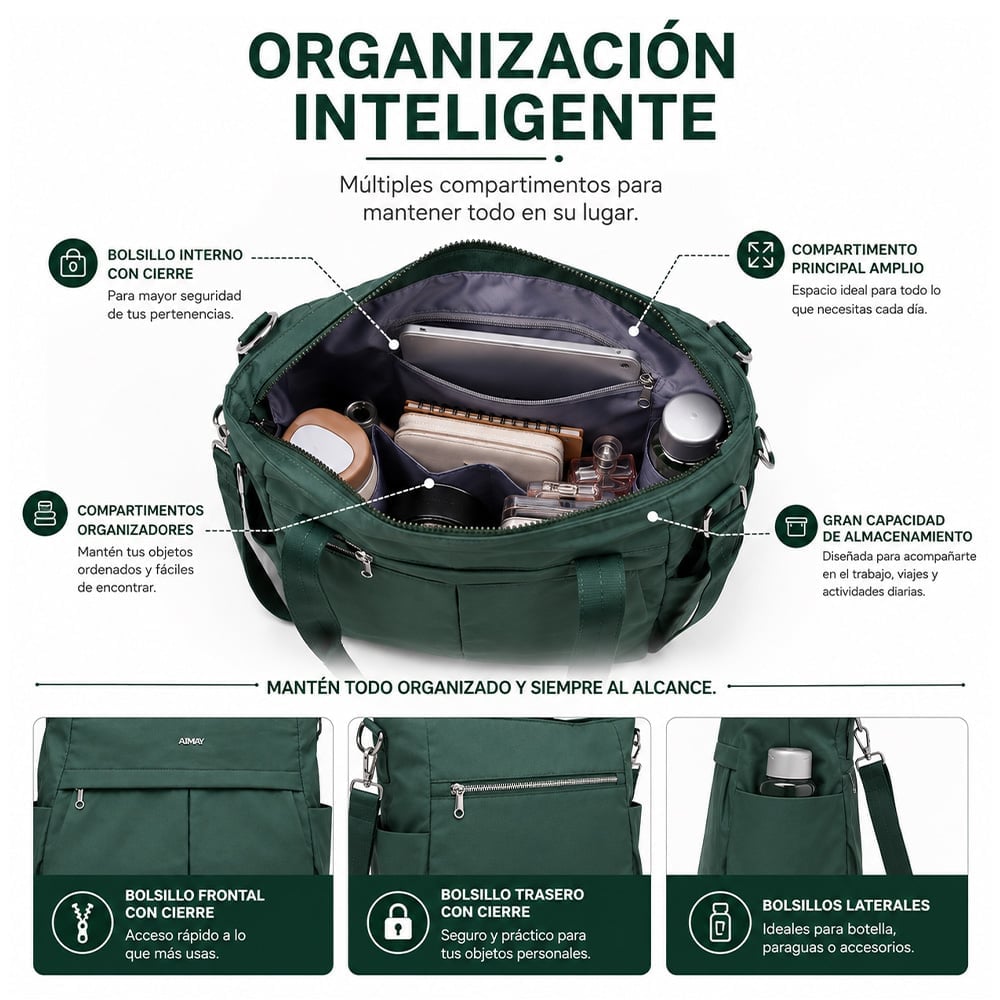 BOLSO PARA MUJER IMPERMEABLE CON GRAN CAPACIDAD Y CORREA AJUSTABLE VERDE CT2 - 2