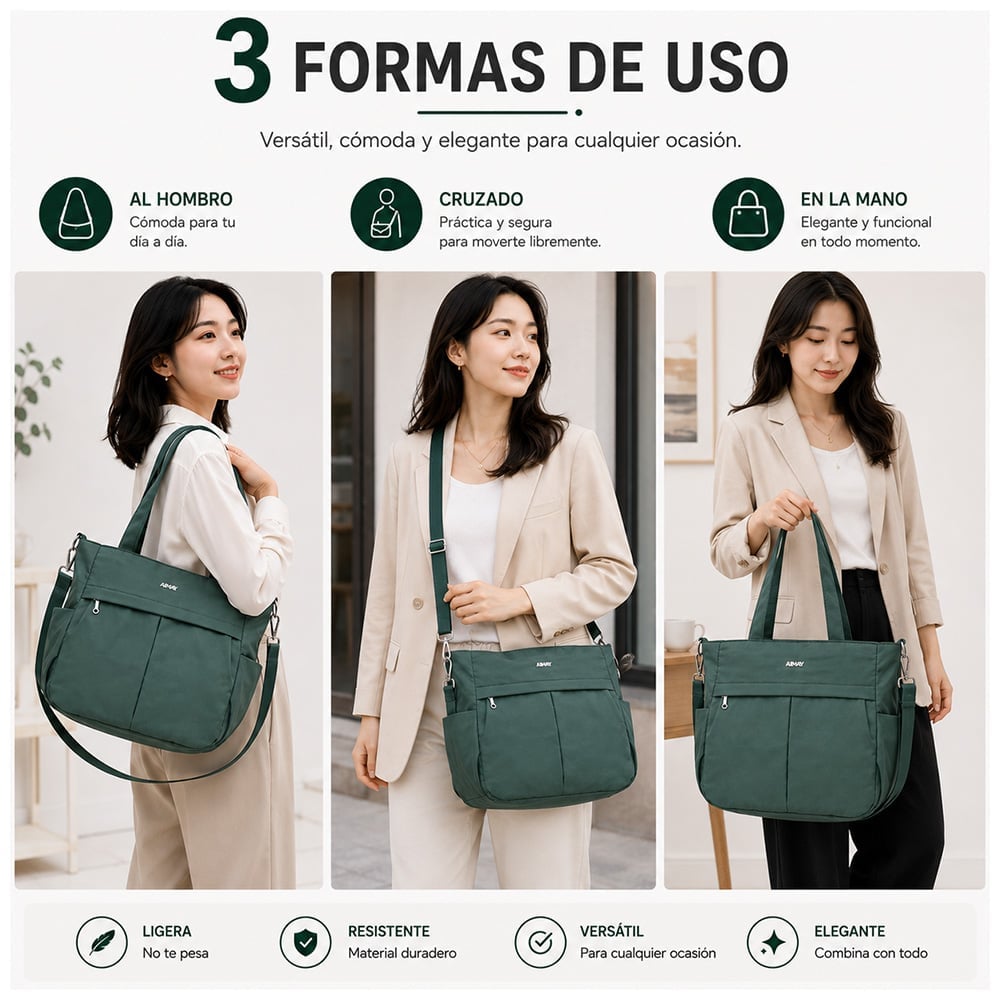 BOLSO PARA MUJER IMPERMEABLE CON GRAN CAPACIDAD Y CORREA AJUSTABLE VERDE CT2 - 3