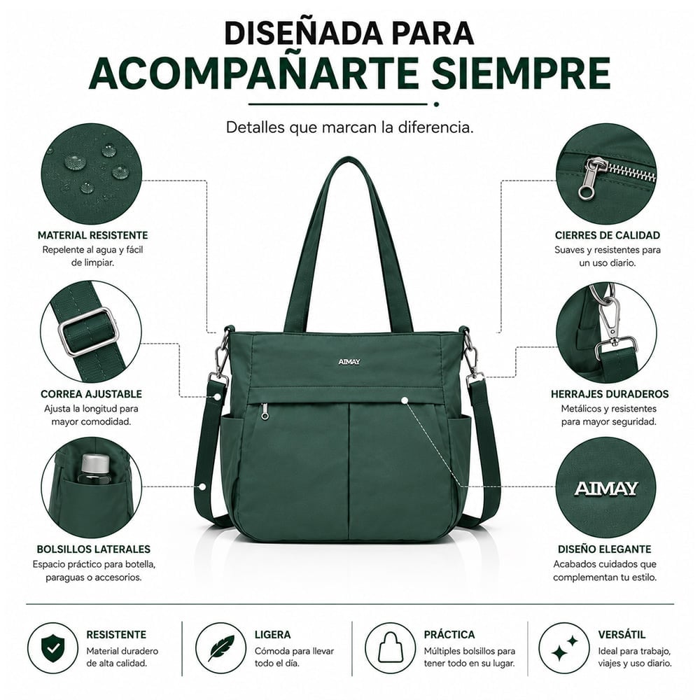 BOLSO PARA MUJER IMPERMEABLE CON GRAN CAPACIDAD Y CORREA AJUSTABLE VERDE CT2 - 4