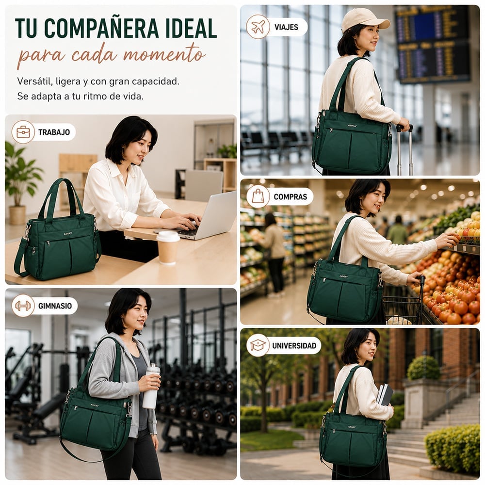 BOLSO PARA MUJER IMPERMEABLE CON GRAN CAPACIDAD Y CORREA AJUSTABLE VERDE CT2 - 5