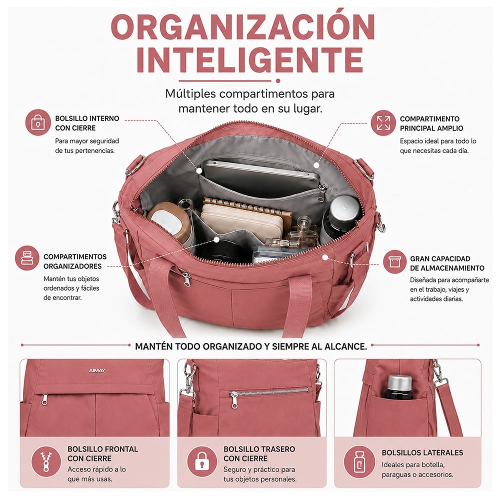 BOLSO PARA MUJER IMPERMEABLE CON GRAN CAPACIDAD Y CORREA AJUSTABLE ROSADO CT2 - 2