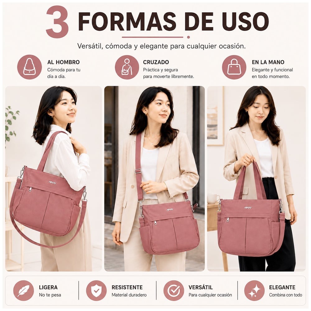 BOLSO PARA MUJER IMPERMEABLE CON GRAN CAPACIDAD Y CORREA AJUSTABLE ROSADO CT2 - 3