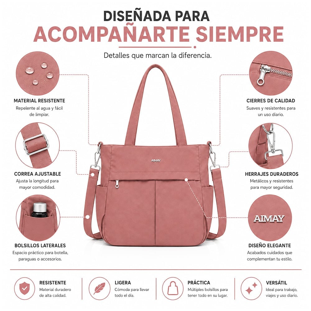 BOLSO PARA MUJER IMPERMEABLE CON GRAN CAPACIDAD Y CORREA AJUSTABLE ROSADO CT2 - 4