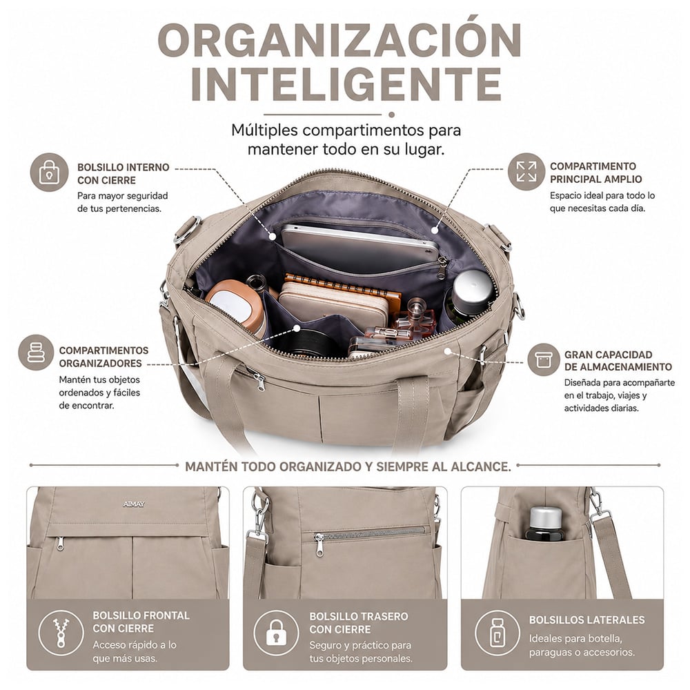 BOLSO PARA MUJER IMPERMEABLE CON GRAN CAPACIDAD Y CORREA AJUSTABLE BEIGE CT2 - 2