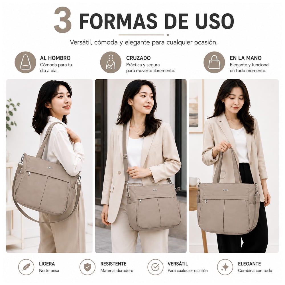 BOLSO PARA MUJER IMPERMEABLE CON GRAN CAPACIDAD Y CORREA AJUSTABLE BEIGE CT2 - 3